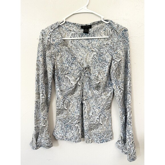 Vintage 90s Y2K Retro Swirl Top Size Medium Blue Silk Bell Sleeves The Limited - Picture 1 of 6